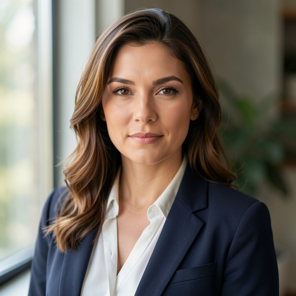 Editorial portrait of a woman in natural window light, professional headshot with soft focus background